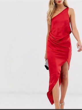 ASOS Red One-Shoulder Asymmetric Satin Dress